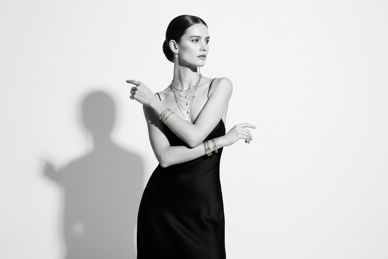 model wearing elegant jewelry, my brand is Black (#000000)

White (#FFFFFF)

Champagne gold (optional accent)